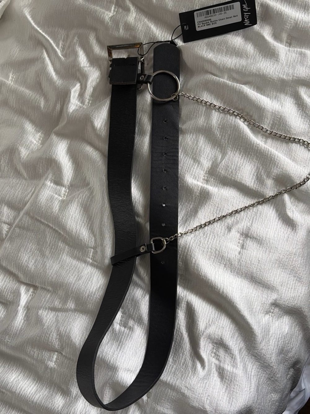 Black Leather Belt with Silver Chain Detail